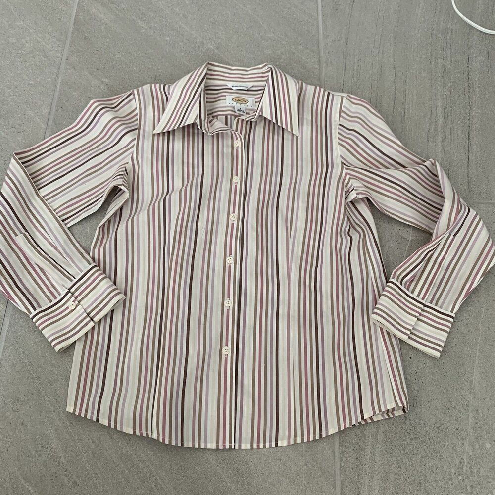 TALBOTS WRINKLE RESISTANT Stretch Cotton Shirt - Size 2, Red White Stripes - Picture 1 of 4